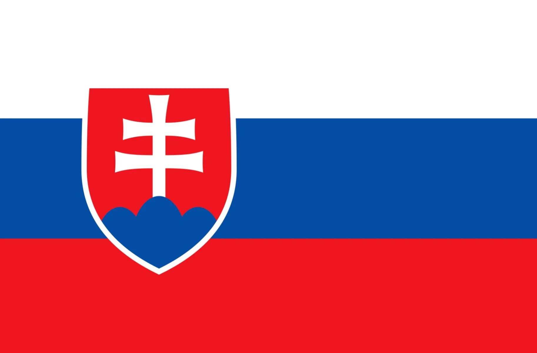 Flag of Slovakia with a shield emblem featuring a double cross on three hills.