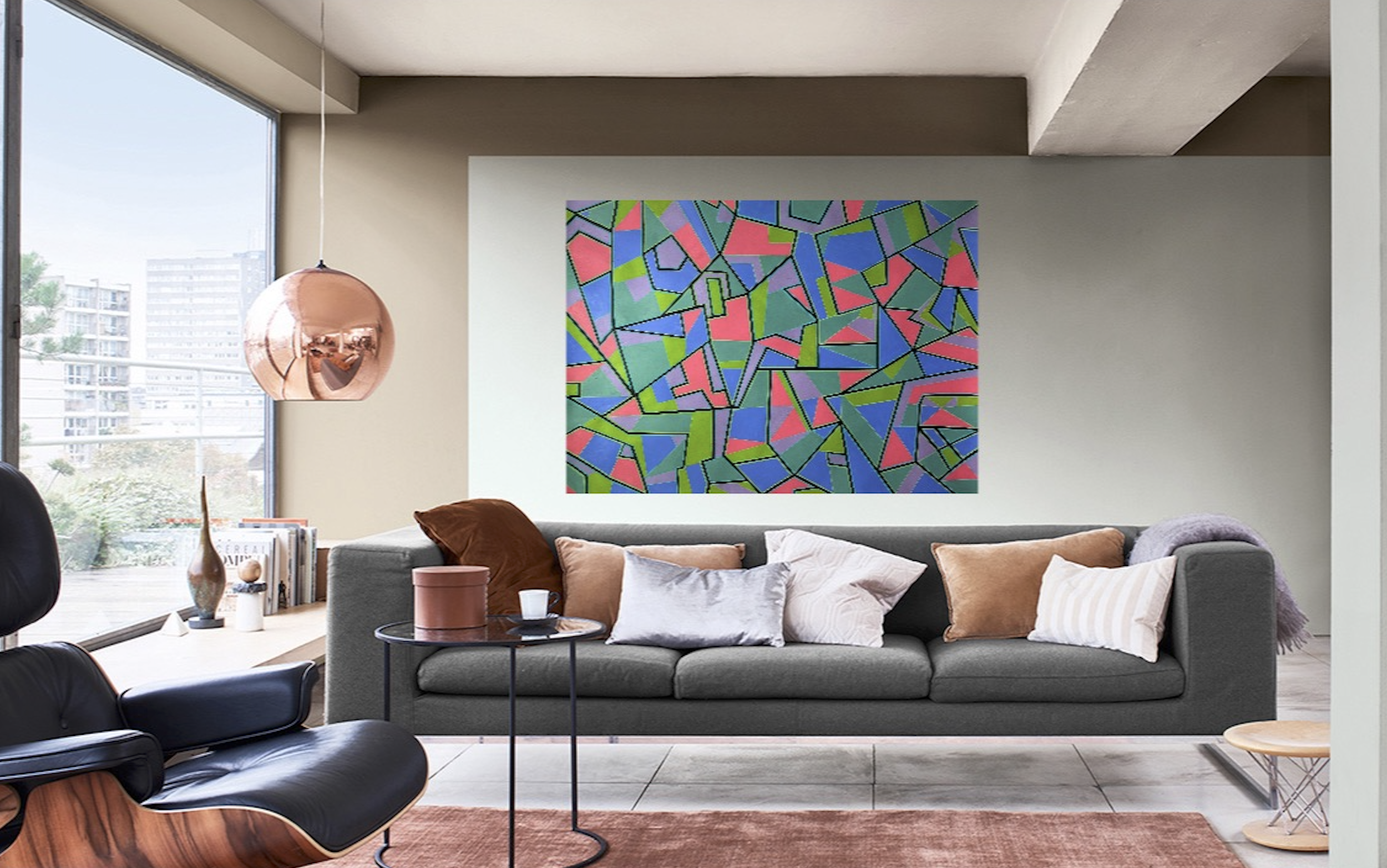 Moquette Boucle - acrylic - displayed here in landscape
Acrylic 
W:100 cm x L:140 cm 
£980 (unframed)