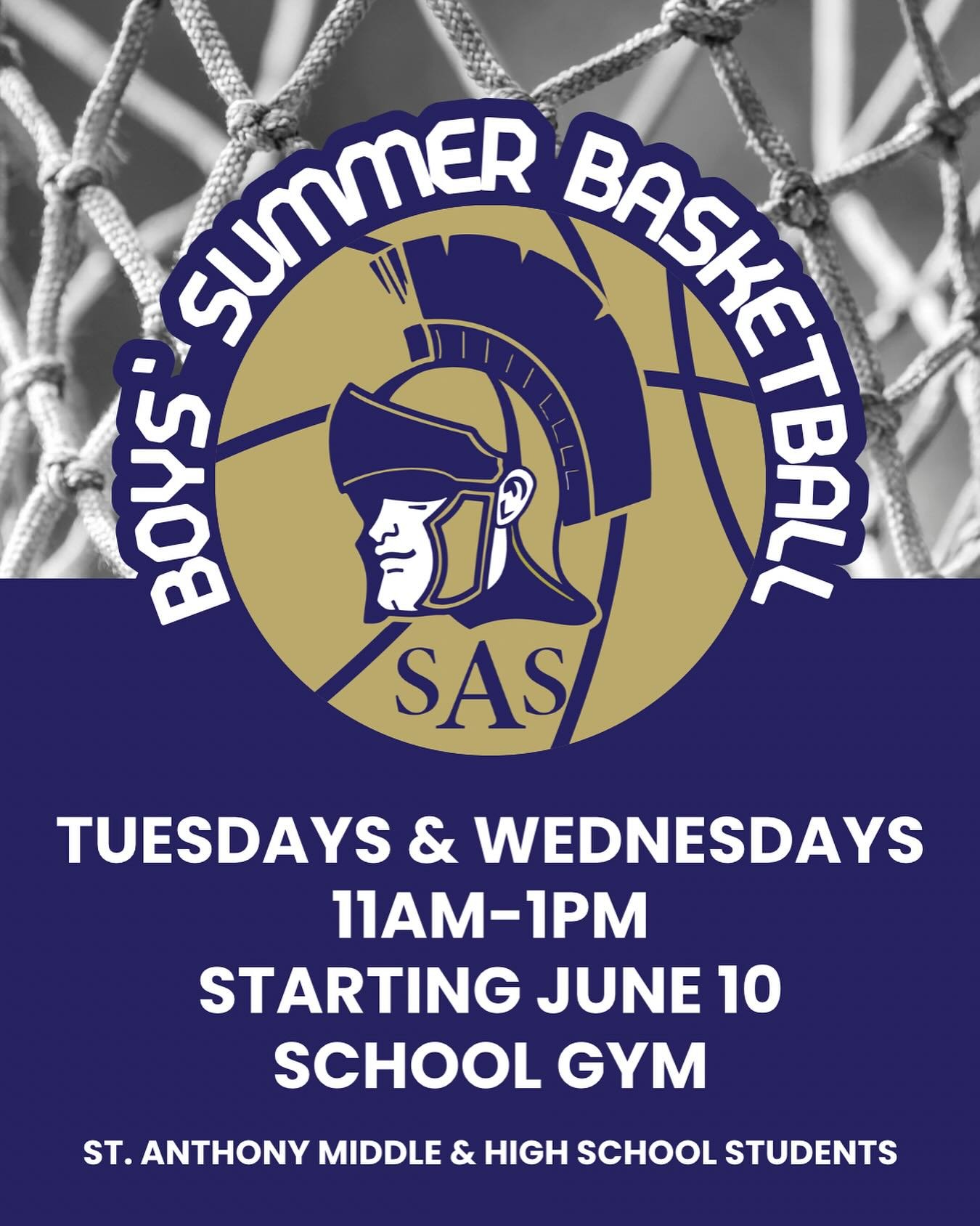 🏀 Summer Boys Basketball is Back! All St. Anthony Middle and High School boys are invited to join Coach Larson for Summer Basketball starting June 10!

📅 Tuesdays &amp; Wednesdays
🕚 11:00 AM &ndash; 1:00 PM
📍 School Gym

Come stay active, improve