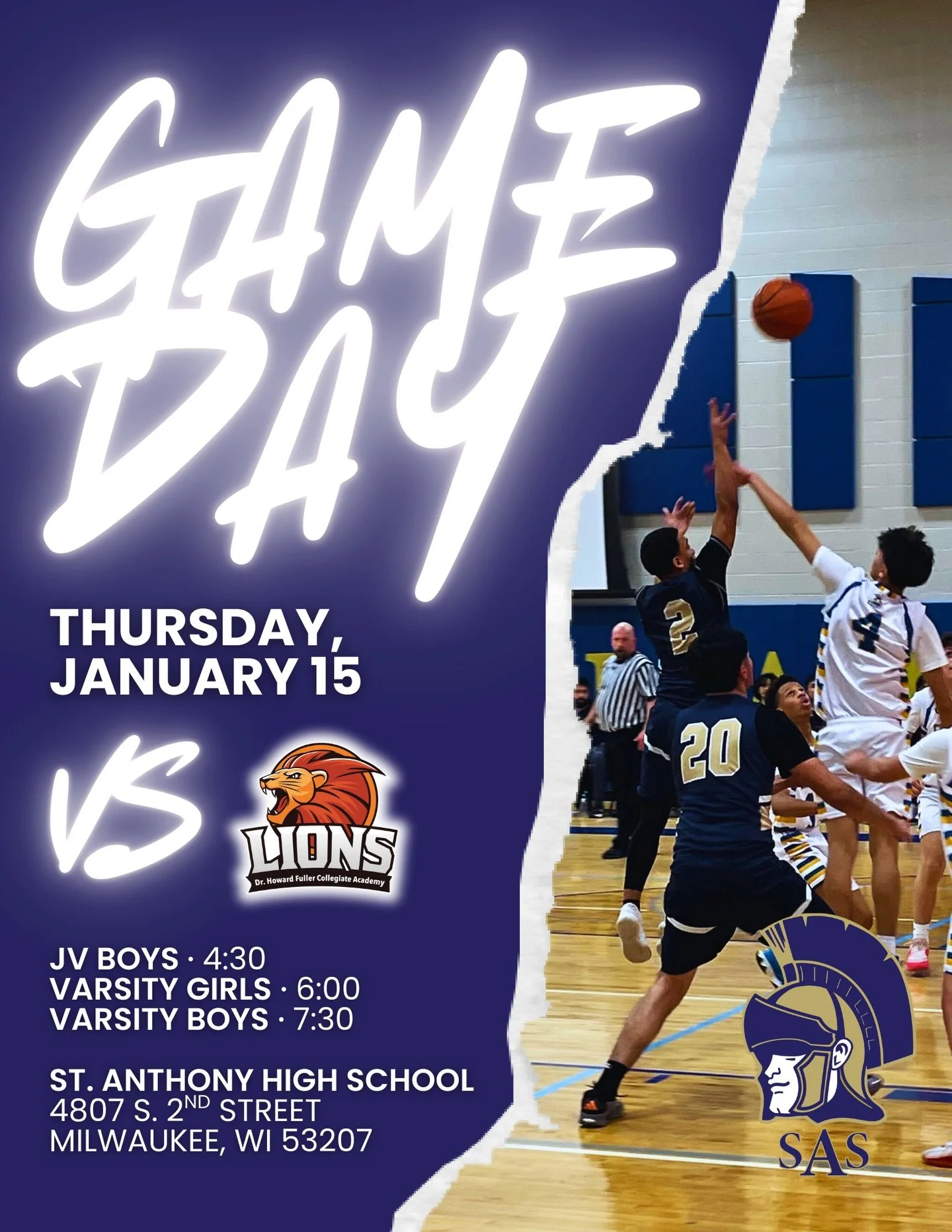 🏀 GAME DAY! Join us as the Roman Legion takes the court tonight against Dr. Howard Fuller Collegiate Academy.

🕓 JV Boys: 4:30 PM
🕕 Varsity Girls: 6:00 PM
🕢 Varsity Boys: 7:30 PM

📍 St. Anthony High School
4807 S. 2nd Street | Milwaukee, WI

Com