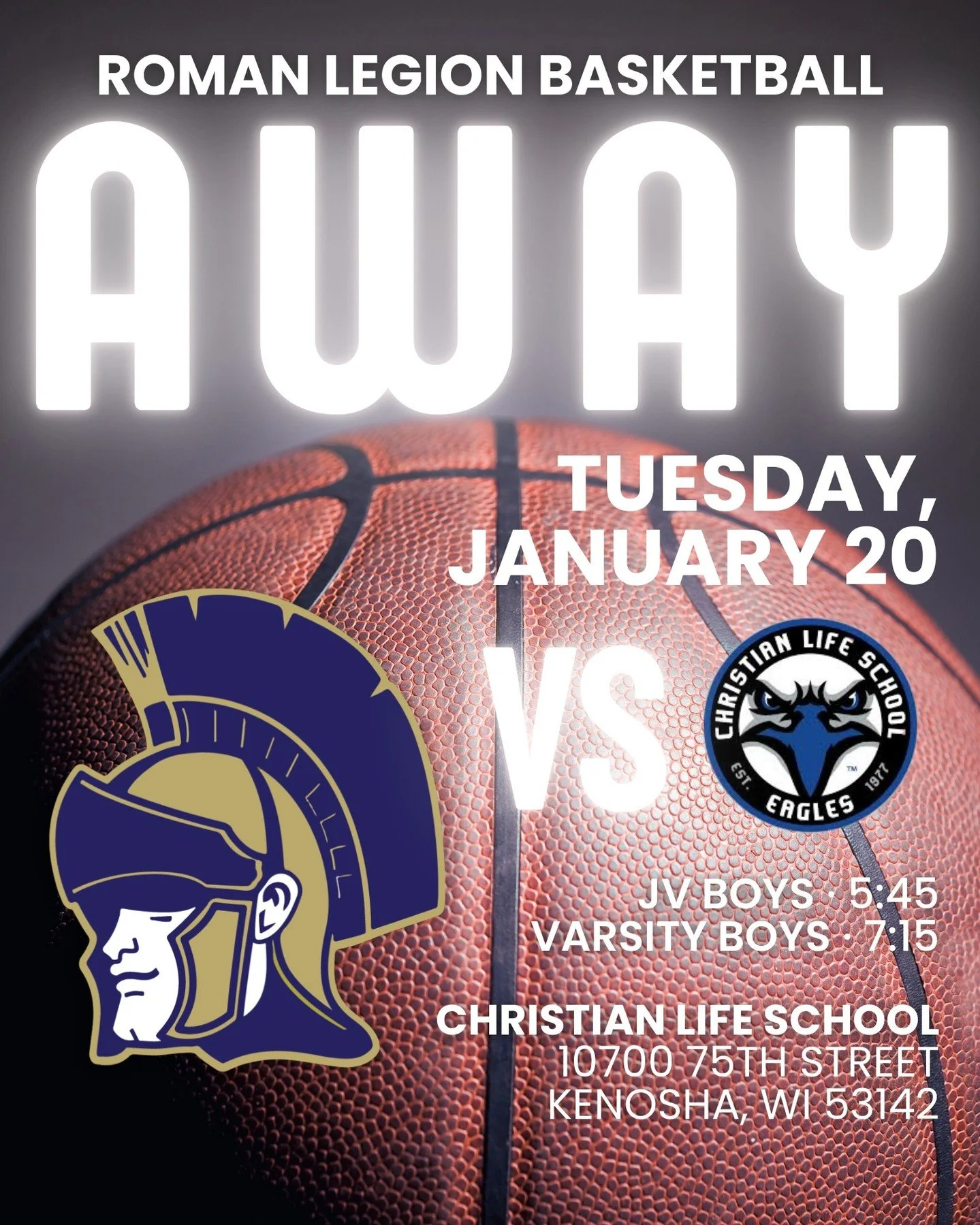 🏀 GAME DAY! Roman Legion Boys&rsquo; Basketball is on the road tonight!

⏰ JV &mdash; 5:45 PM
⏰ Varsity &mdash; 7:15 PM

📍 Christian Life School
10700 75th Street
Kenosha, WI 53142

#RomanLegion #FaithFamilyForward #highschoolbasketball