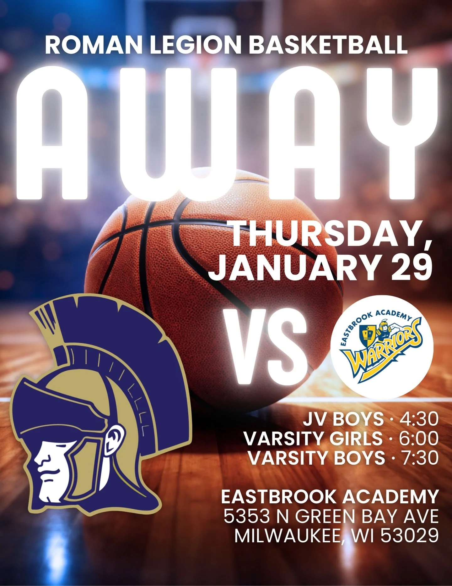 🏀 It&rsquo;s an AWAY GAME night for our Roman Legion as we take on Eastbrook Academy!

🕟 JV Boys &ndash; 4:30 PM
🕕 Varsity Girls &ndash; 6:00 PM
🕢 Varsity Boys &ndash; 7:30 PM

📍 Eastbrook Academy
5353 N Green Bay Ave
Milwaukee, WI 53029

#Roman