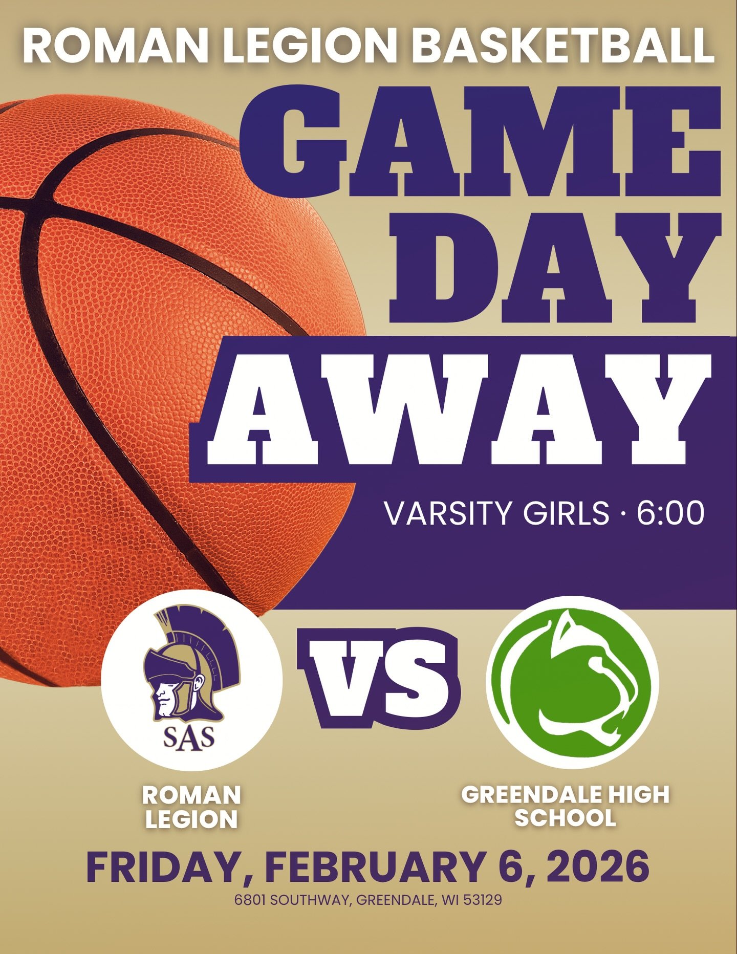 🏀The Roman Legion is back in action in Greendale tonight!

🕕 Varsity Girls &mdash; 6:00 PM
📍 Greendale High School

#FaithFamilyForward #SASProud