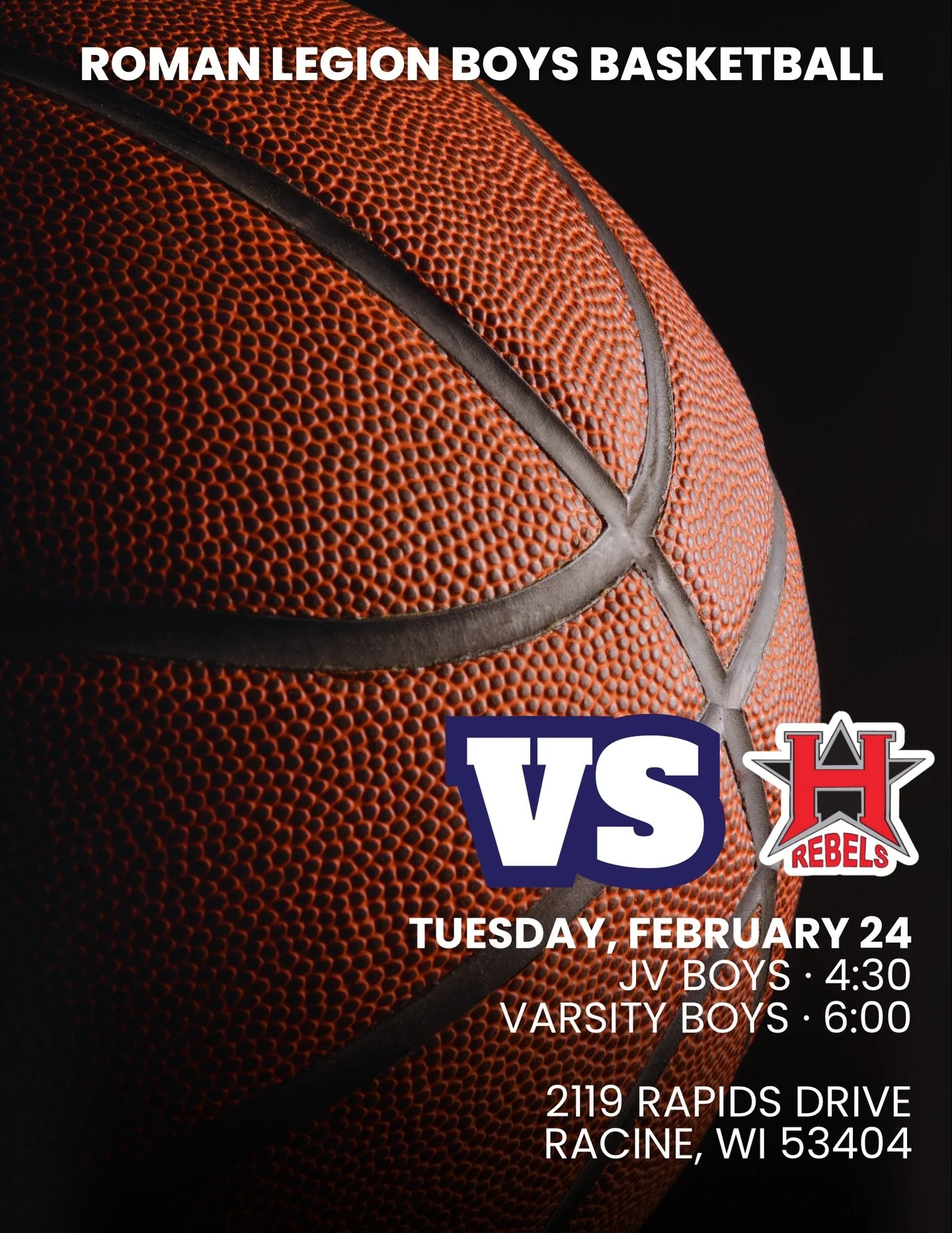 🏀 GAME DAY! Our boys are on the road Tuesday at William Horlick High School in Racine.

🕟 JV tips off at 4:30 PM
🕕 Varsity follows at 6:00 PM

Let&rsquo;s go Legion!

#FaithFamilyForward #SASProud #RomanLegion