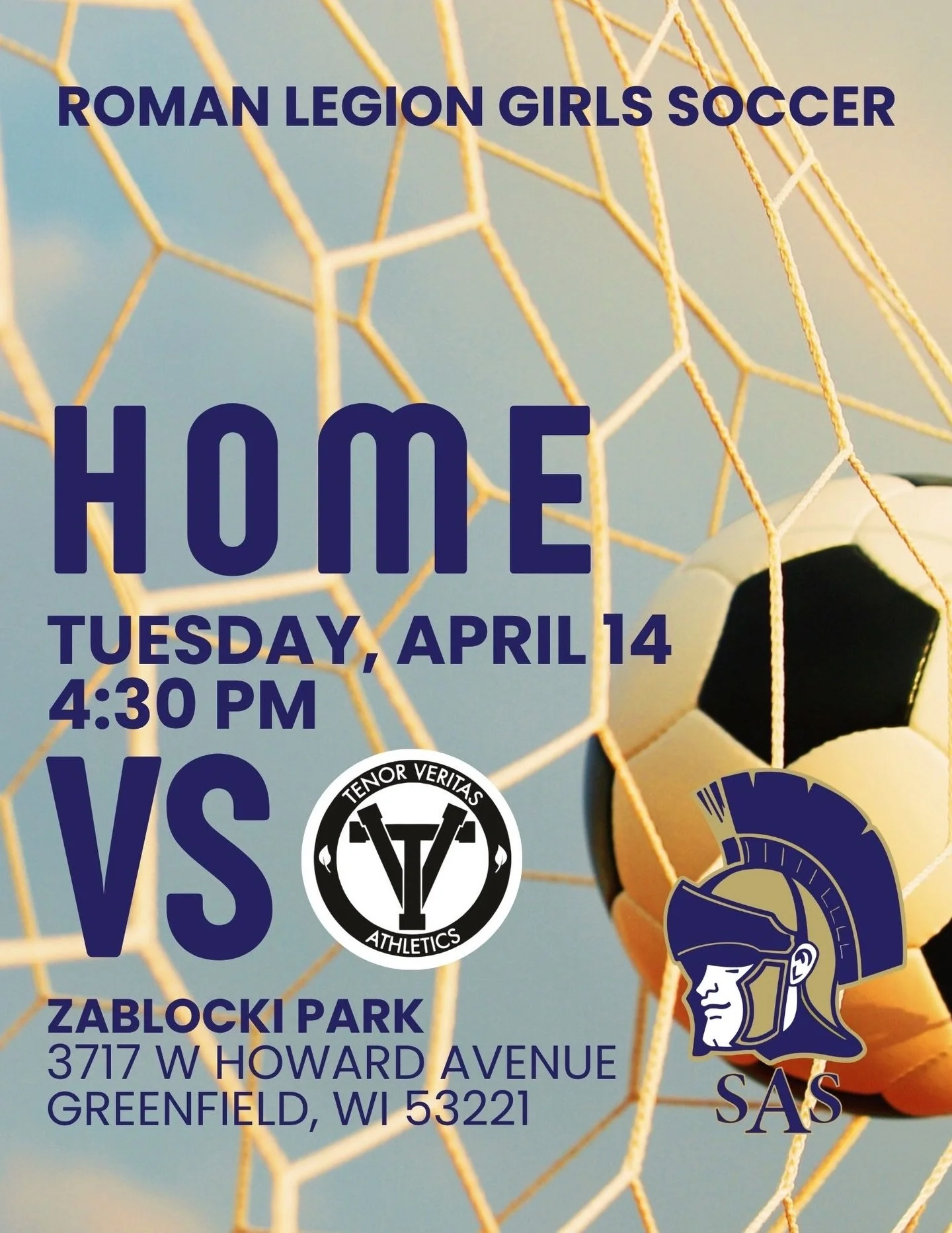 ⚽ GAME DAY: Our Roman Legion Girls Soccer team takes the field today!

🆚 Tenor Veritas Athletics
📅 Tuesday, April 14
🕟 4:30 PM
📍 Zablocki Park &mdash; 3717 W. Howard Avenue, Greenfield, WI 53221

#FaithFamilyForward #GameDay #GirlsSoccer #Milwauk