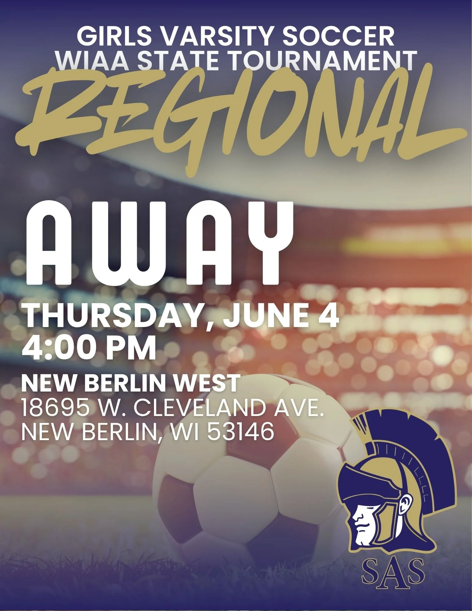 ⚽️ REGIONALS BOUND! The Roman Legion Girls Varsity Soccer team is heading to the WIAA State Tournament!

📅 Thursday, June 4
⏰ 4:00 PM
📍 New Berlin West
18695 W. Cleveland Ave.
New Berlin, WI 53146

Let&rsquo;s pack the stands in navy and gold and s