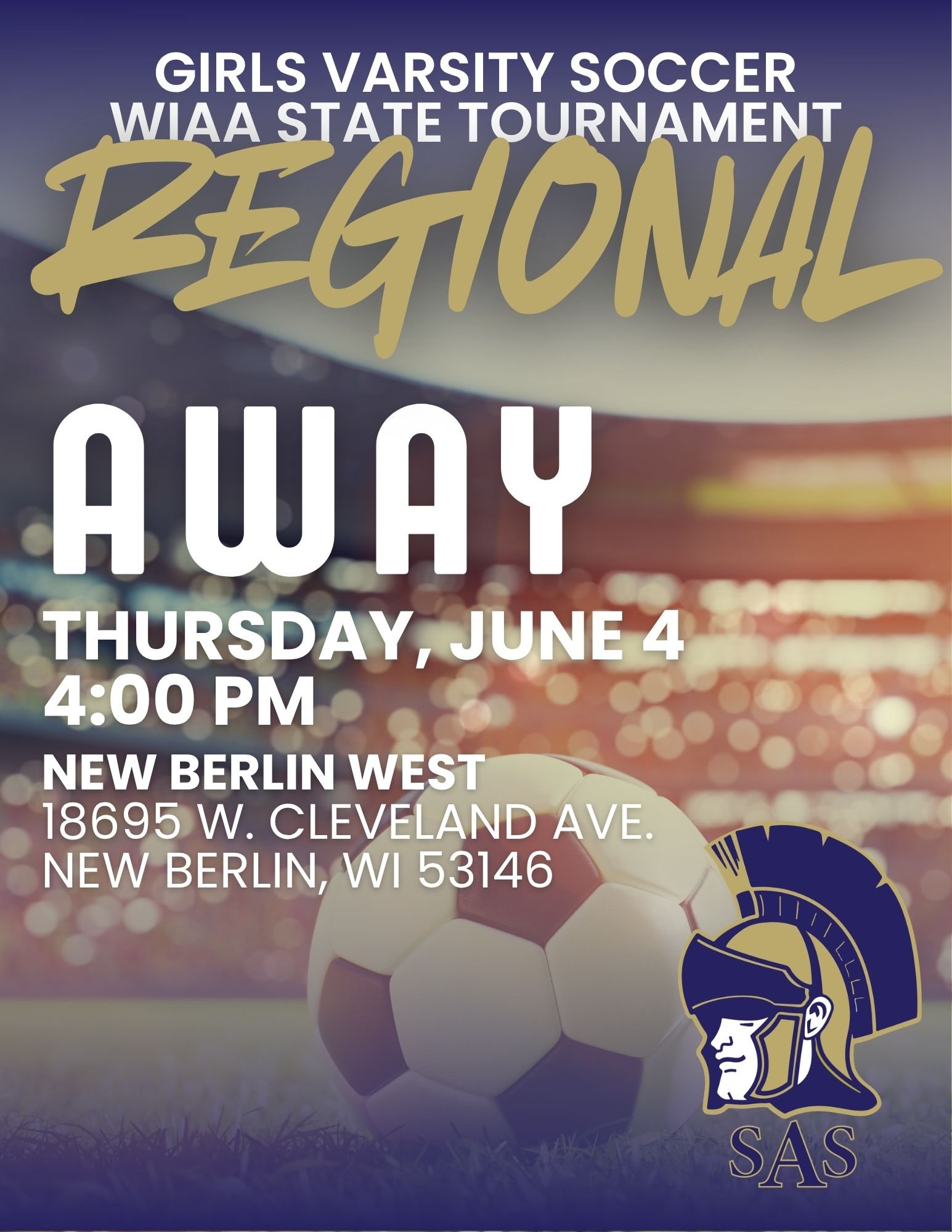 ⚽️ REGIONALS BOUND! The Roman Legion Girls Varsity Soccer team is heading to the WIAA State Tournament!

📅 Thursday, June 4
⏰ 4:00 PM
📍 New Berlin West
18695 W. Cleveland Ave.
New Berlin, WI 53146

Let&rsquo;s pack the stands in navy and gold and s
