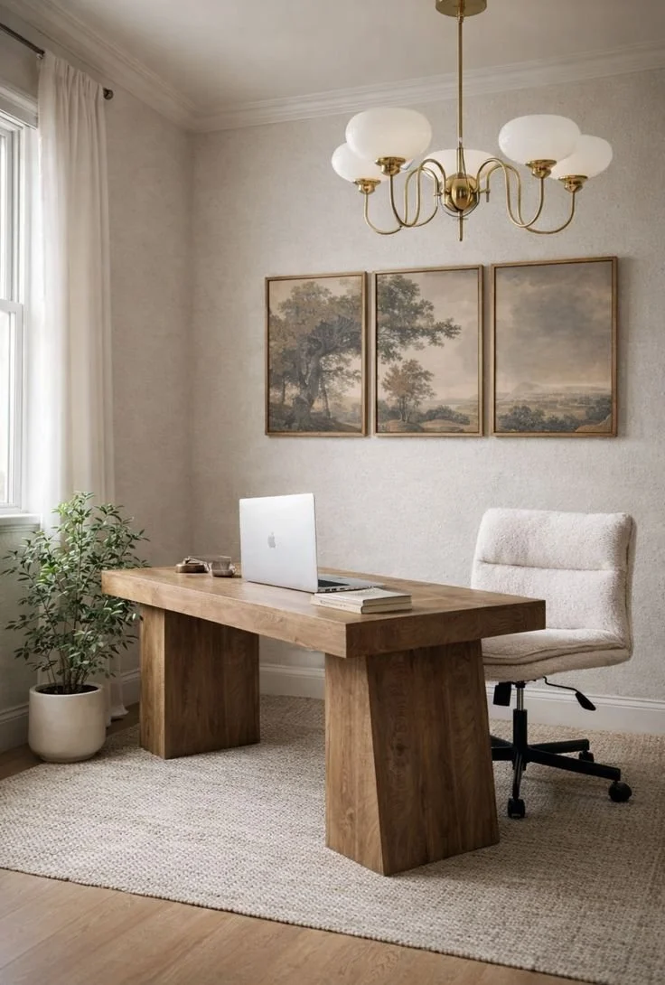 Home office with wooden desk, white upholstered chair, potted plant, framed landscape paintings, and a chandelier, near a window with white curtains.