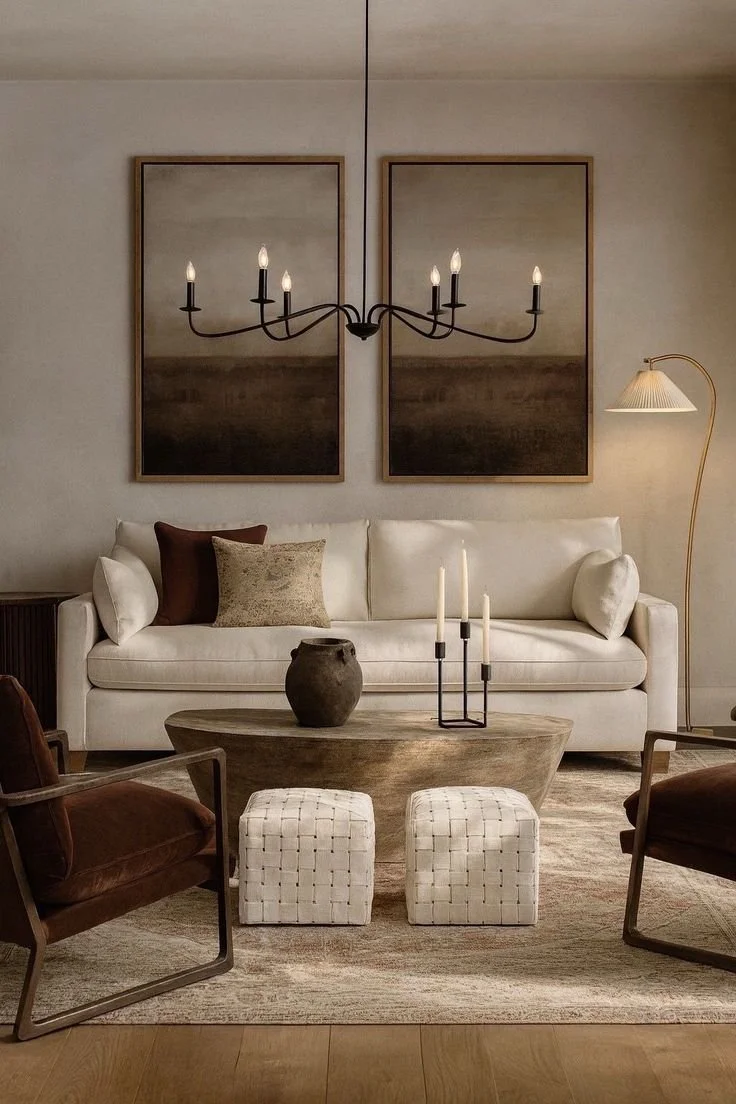 Living room with a white sofa, two patterned throw pillows, a dark vase and candlestick on a wooden coffee table, two leather armchairs with metal frames, a mirror on the wall with a chandelier, and a floor lamp with a curved stand, all with neutral tones and modern decor.