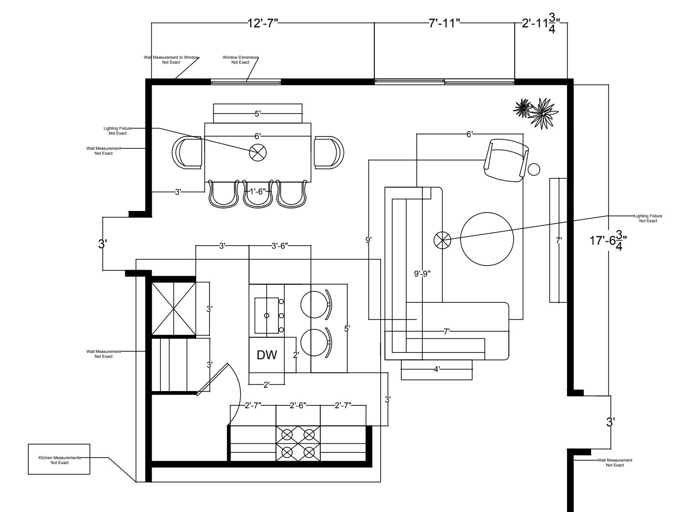 Floor plan of a living and dining area with measurements for walls, windows, and furniture placement, including a kitchen island, dining table with chairs, sofa, armchair, and plants.