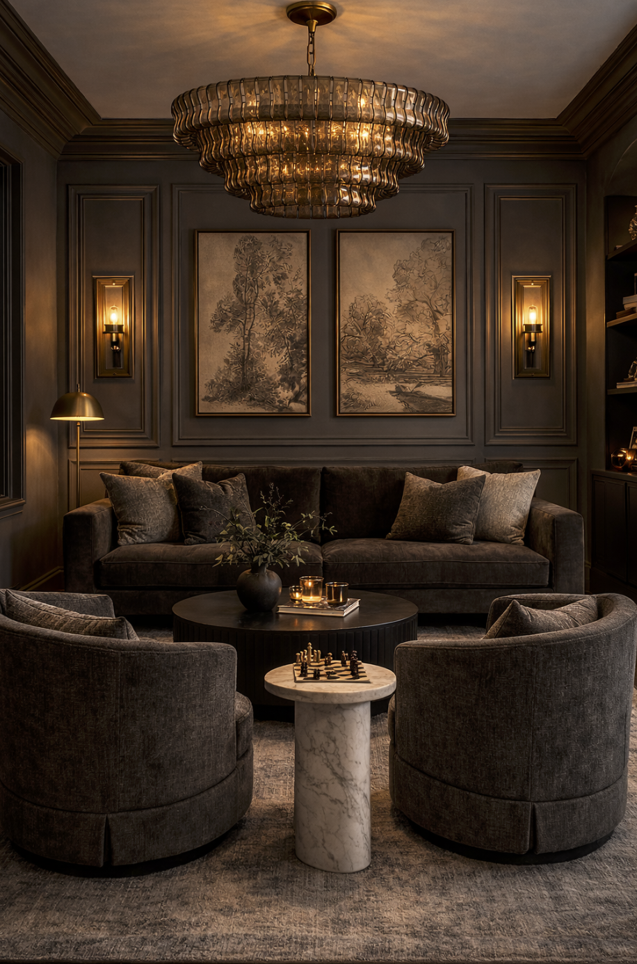 Luxurious living room with dark walls, velvet sofa, round armchairs, a large chandelier, framed artwork, and warm lighting.