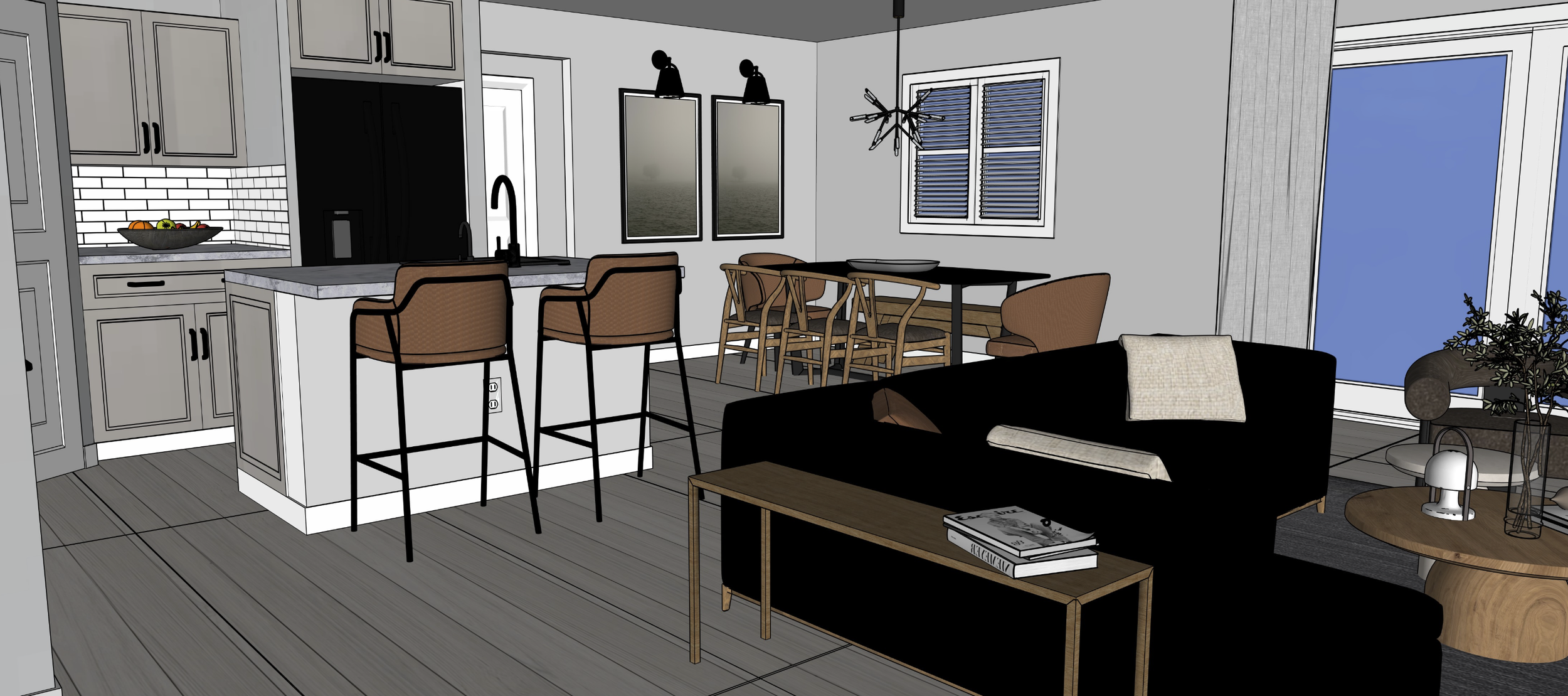 Interior of a modern open-plan living room and kitchen with gray cabinets, a white brick backsplash, dining table, black sofa, wooden coffee table, and windows with blinds.