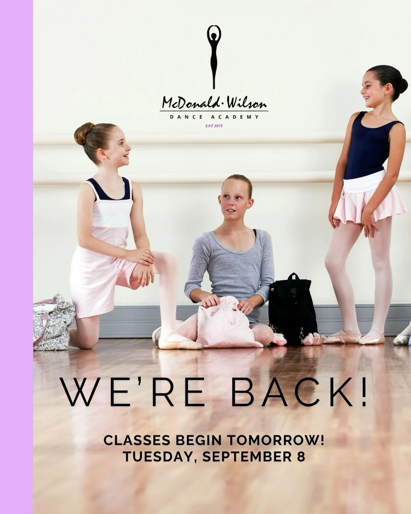 ✨ TOMORROW, WE DANCE! ✨

After a summer full of sunshine (and rain lol), adventures and anticipation, the studio is ready&hellip; and we cannot WAIT to welcome our dancers back through the doors! 💜

Classes begin TOMORROW &mdash; Tuesday, September 