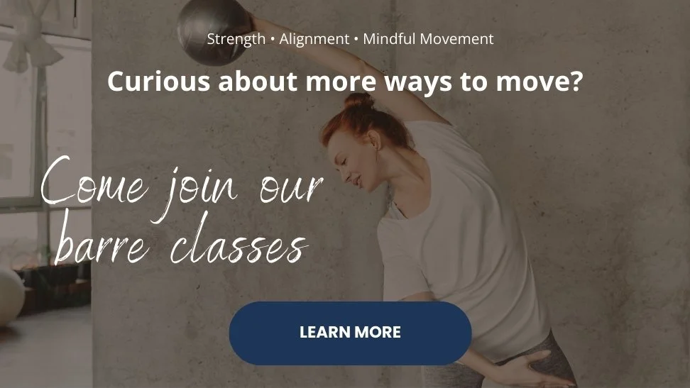 A woman stretching with a fitness ball in a fitness studio, promoting barre classes with the text "Come join our barre classes" and a "Learn More" button.