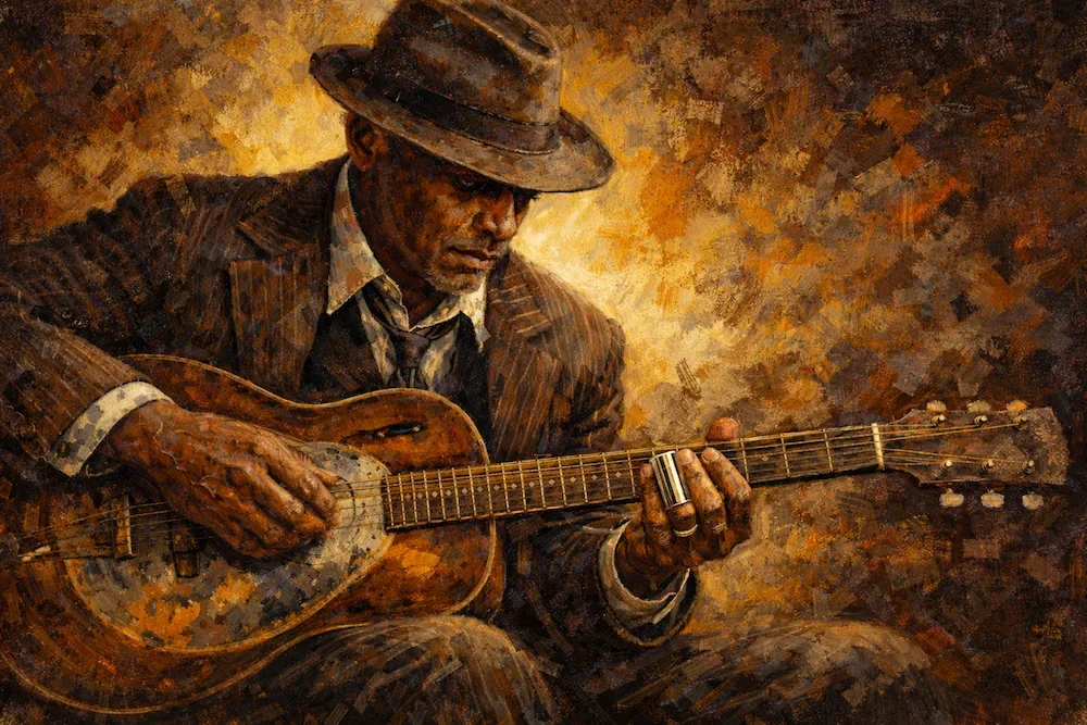 Impressionist painting of a 1920s blues guitarist playing resonator guitar with a slide on his ring finger.