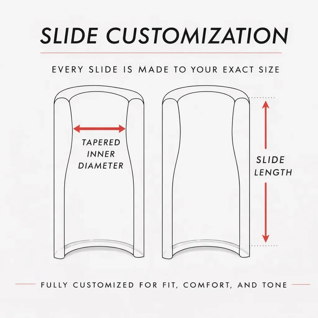 Diagram showing glass guitar slide customization options with tapered inner diameter and slide length measurements for custom sizing.