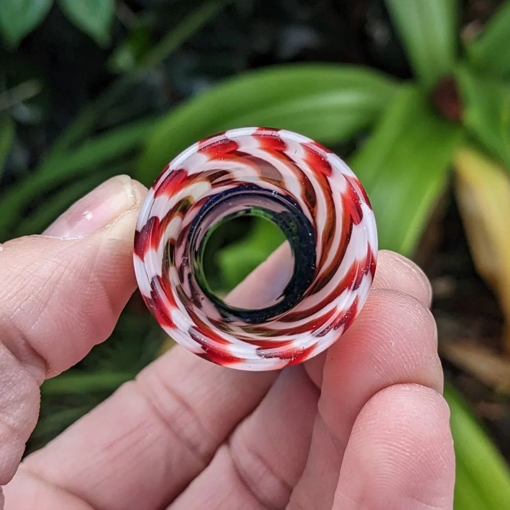 Striped end view of The Liberty Slide #4, red and white handmade glass guitar slide