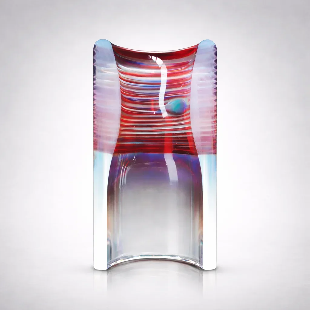 Cross section of a handcrafted glass guitar slide showing the tapered interior at the tip, with clear glass body and red striped glass top on a soft gray background.