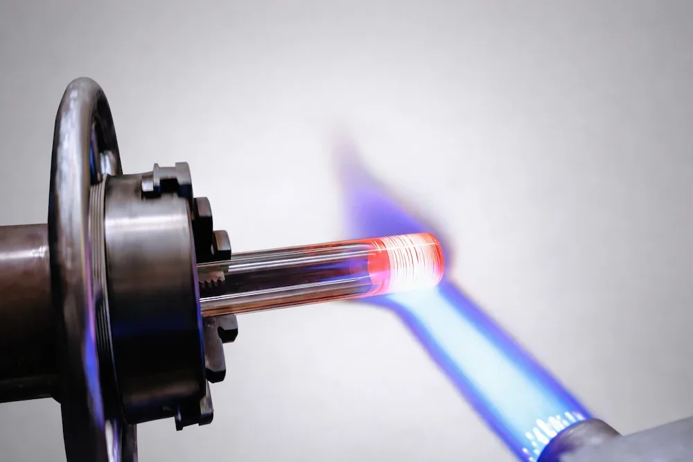 Glass guitar slide being formed in a lathe with torch flame heating the glass tip against a soft gray background.