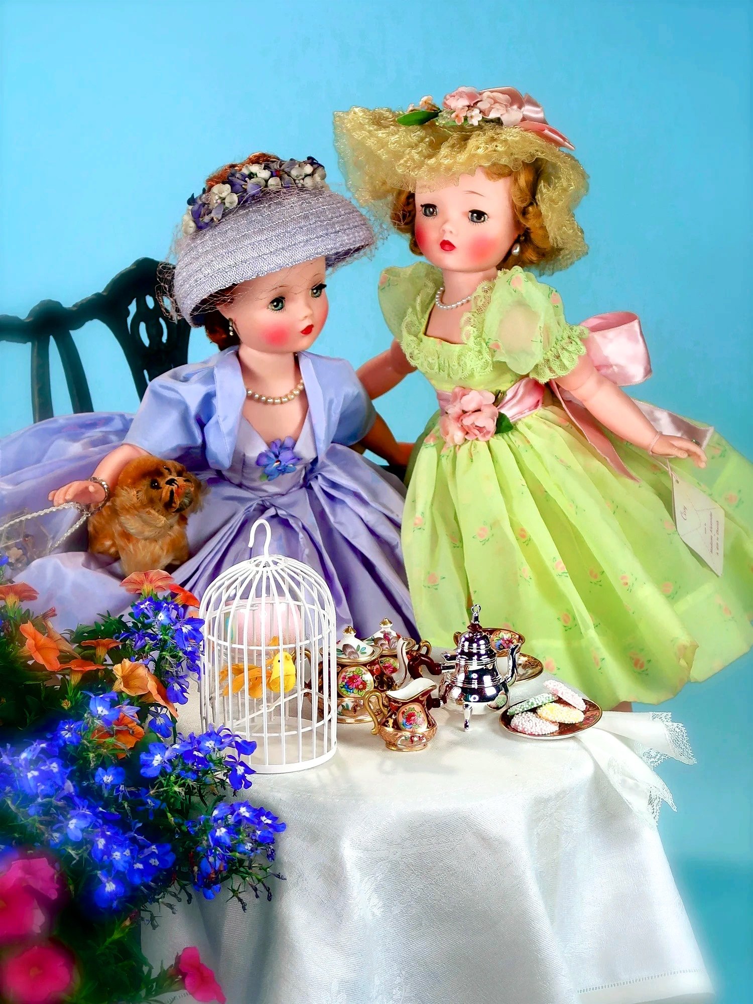 21" Cissy Lilac Taffeta. #2143 - 1957 with 21" Cissy Shear Apple Green Organdy, #2140 - 1957