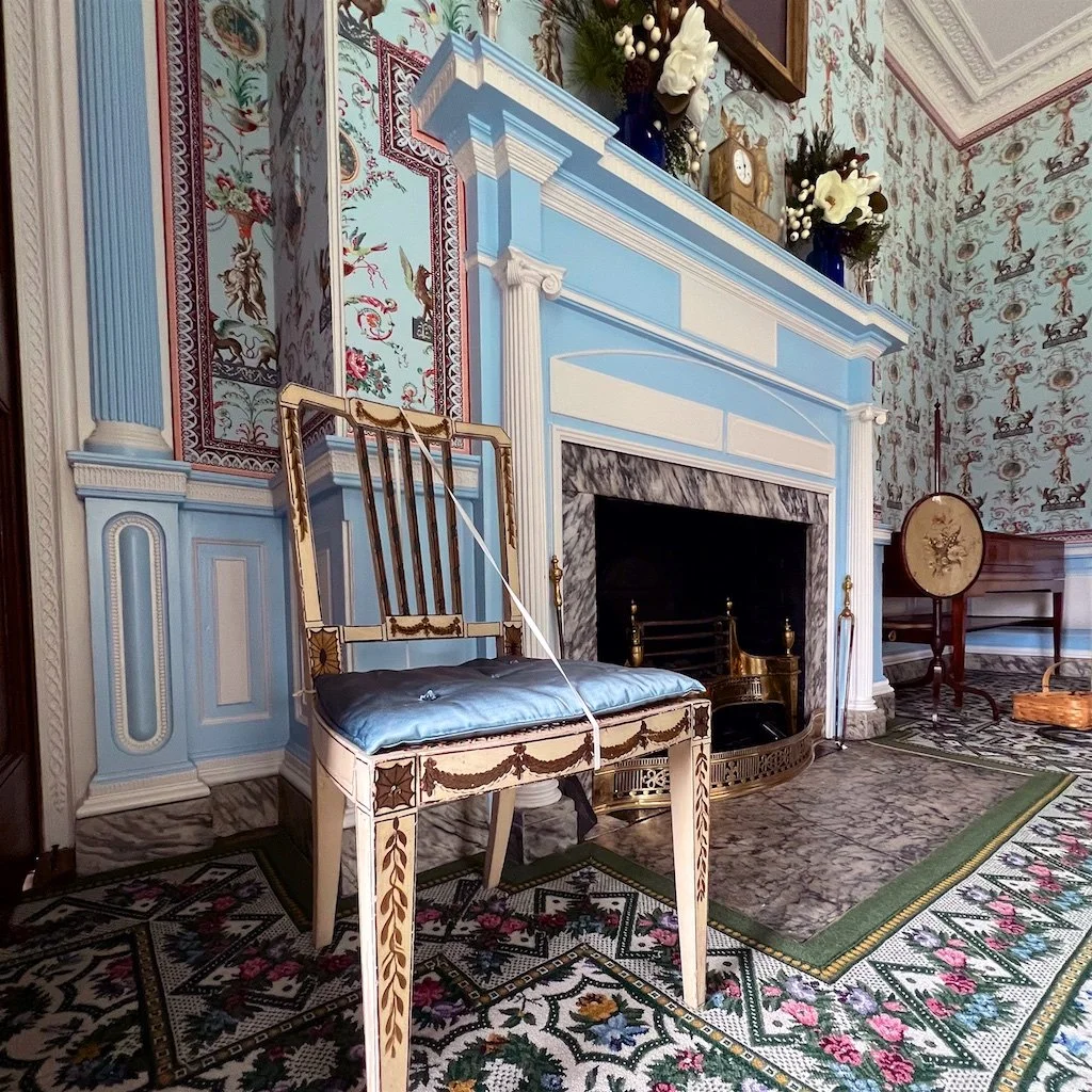 Homewood Drawing Room: The drawing room reflects the taste of the early 1800s with a great deal of wood carving reflecting the Robert Adam influences.