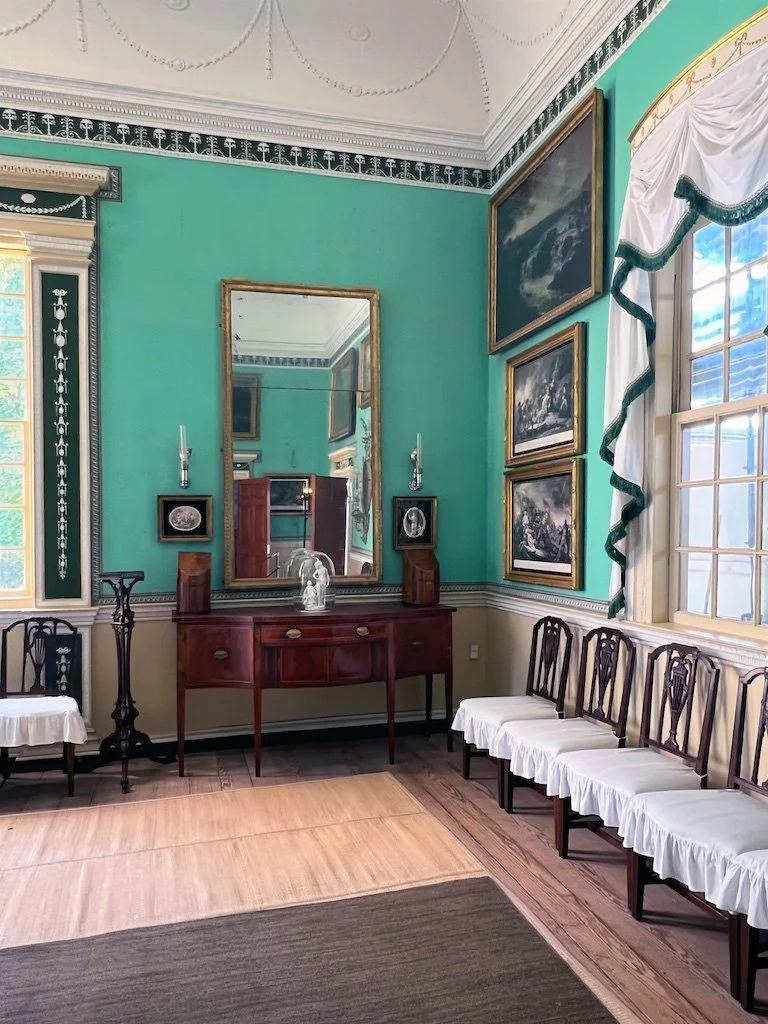 New Room: Friend Samuel Vaughan, newly emigrated from London, advised Washington about the latest developments in Robert Adam's designs. Vaughan gifted Washington the beautiful Adam-inspired fireplace used in the New Room.