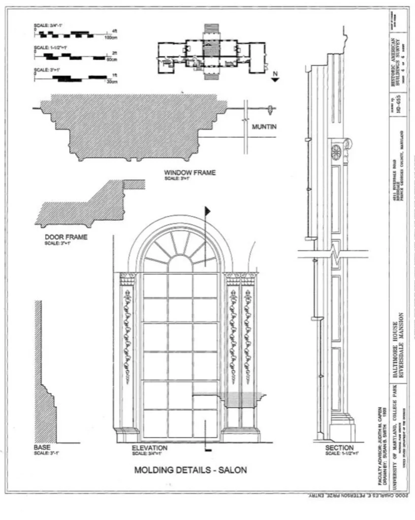 Salon: Design drawings of sophisticated Federal era molding details  showcased throughout Riversdale.