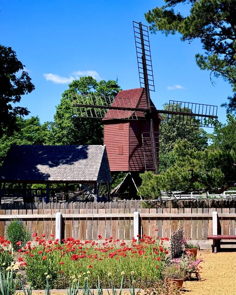 The Colonial Williamsburg windmill is a historic replica that has been relocated several times. Originally built in 1957, it is modeled after the Bourn windmill from Cambridgeshire, England, which dates back to 1636.