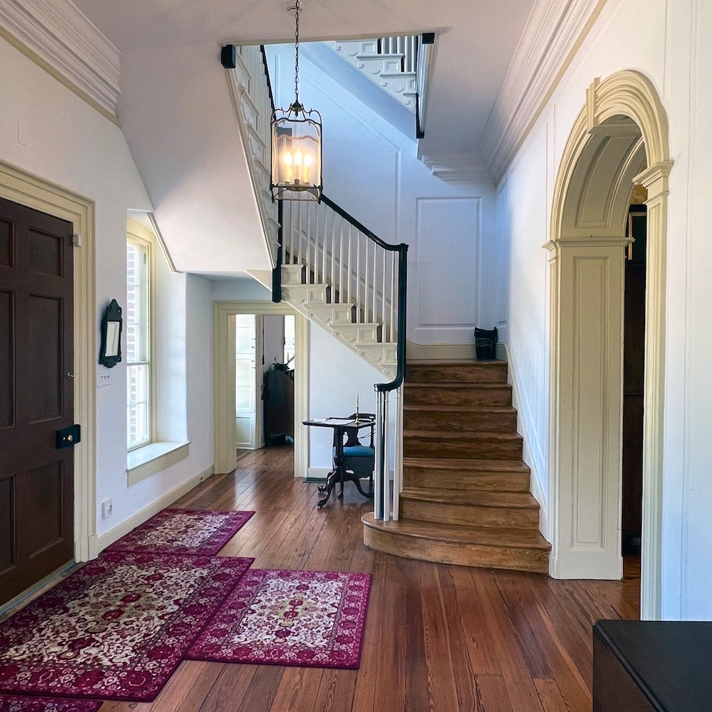 Front Entry Stair Hall: In 1740, Ogle was dispatched to England and given "the task of supervising the construction of a new house at Belair." In 1747, Ogle returned to Maryland with his new bride.