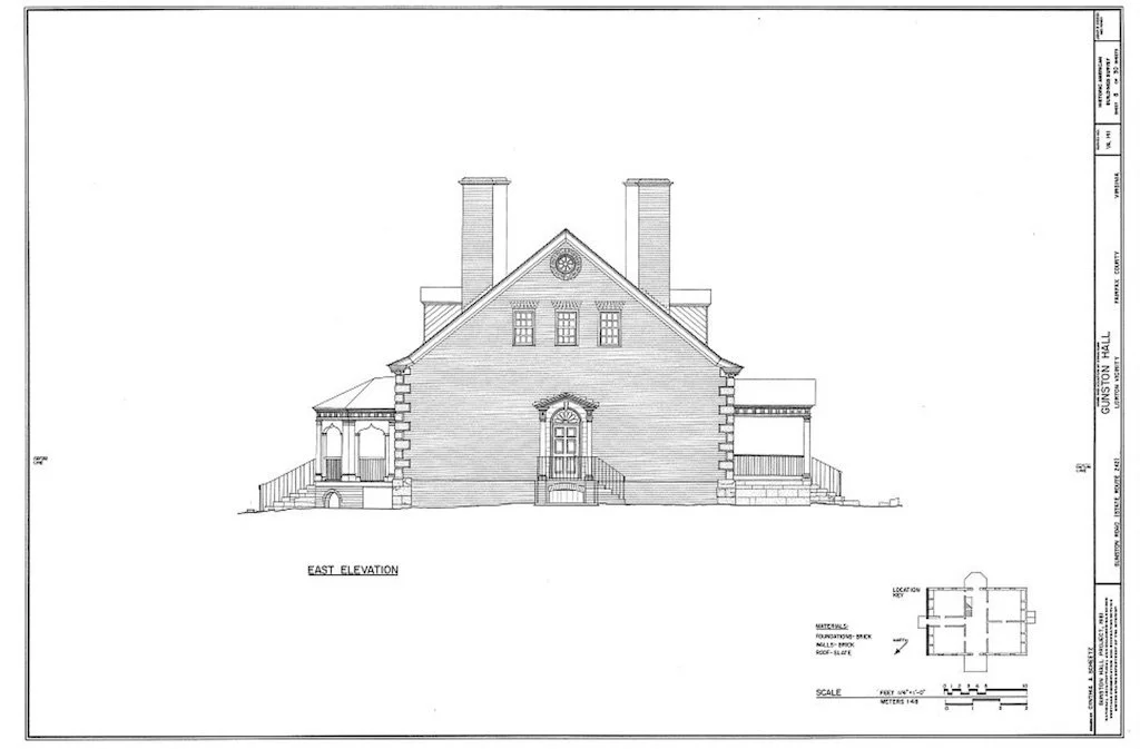 This elevation shows both the north and south porticos designed by William Buckland for Gunston Hall.