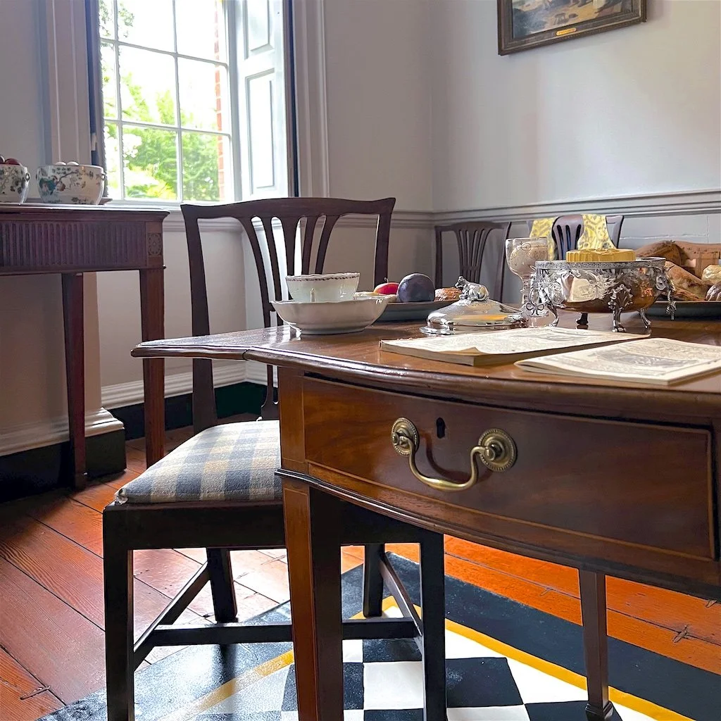 Game Room: The sash windows looking onto the garden are a main feature of this room. Glass was very expensive and heavily taxed., After 1740, glass started coming from Philadelphia.