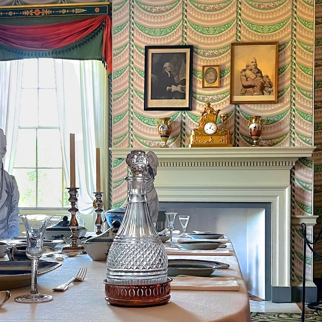 In 2010, a committee of Montpelier curatorial staff and experts in the fields of historic furnishings and wall coverings selected the wallpaper pattern “Virchaux Drapery,” for the Madison Dining Room.