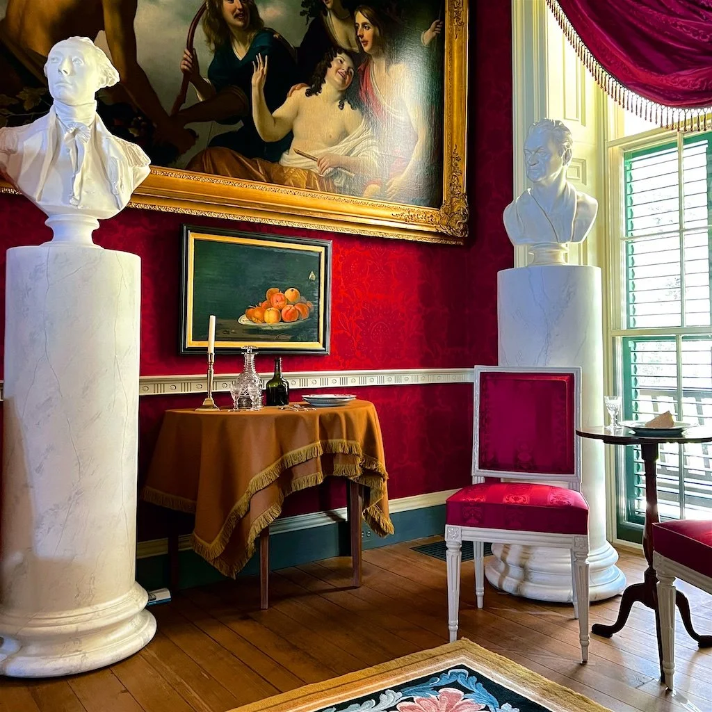 The Drawing Room was the main entertainment space for James and Dolley Madison at Montpelier. The room resulted from 1809 architectural modifications, and two rooms are joined to create one space.  Pan, Youths & Nymphs" by Dutch artist Gerrit Van Hon