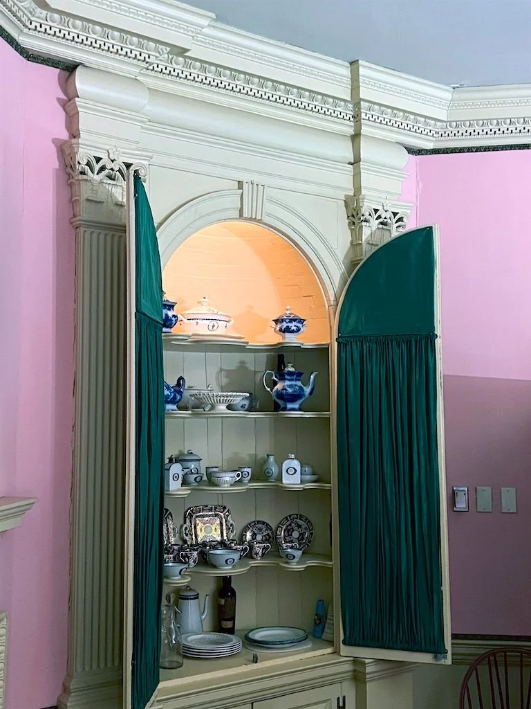 Dining Room: The dining room has the most elaborate moldings and beautifully executed Corinthian columns—As the most prominent space for entertaining where the family's hospitality is most visible.