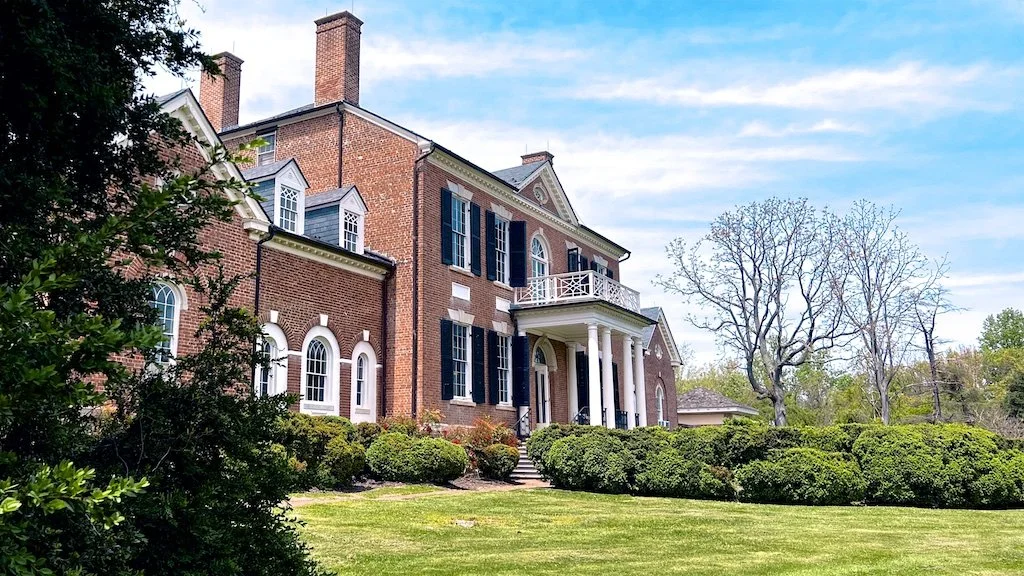 Woodlawn East Facade: The east facade of Woodlawn faces Mount Vernon and is the view Washington would have seen if he had lived long enough. At the time, from Woodlawn, you could see to the Potomac River.