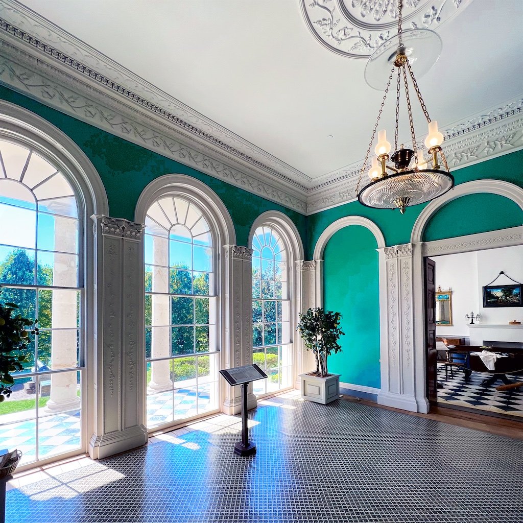 Salon: Riversdale Salon's architectural details showcase the elaborate Federal interiors. For example, the canvas floor covering is an intricate geometric pattern popular with Federal design.