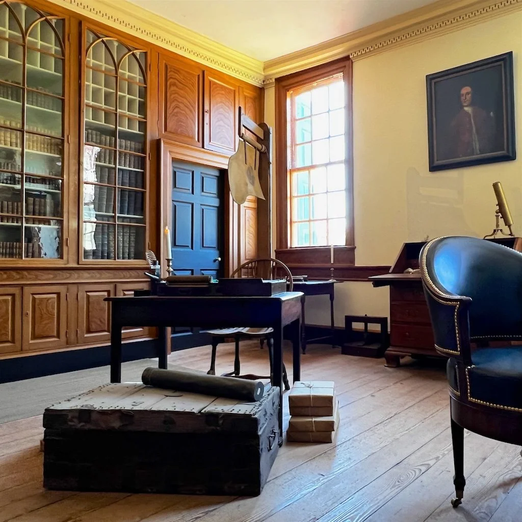 Study: Directly beneath the bedroom of George and Martha with its own stairs - Washington had about 900 books in his library. The Study, a very private space, was where Washington managed the estate and his extensive correspondence.