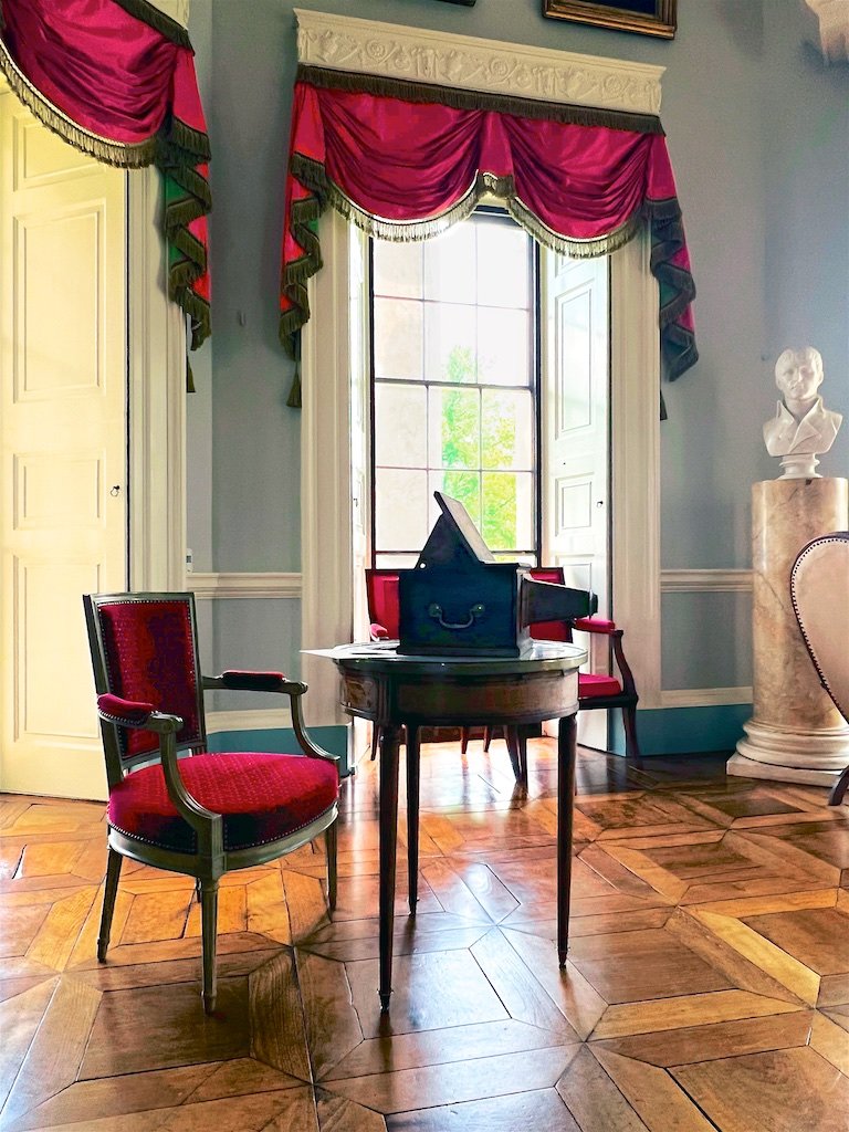Parlor: Family and friends would gather in the Parlor for games, music, and it was the site of weddings, dances and other important social events. The Parlor has unpainted plaster, with a Thomas Jefferson-designed parquet floor of cherry and beech.