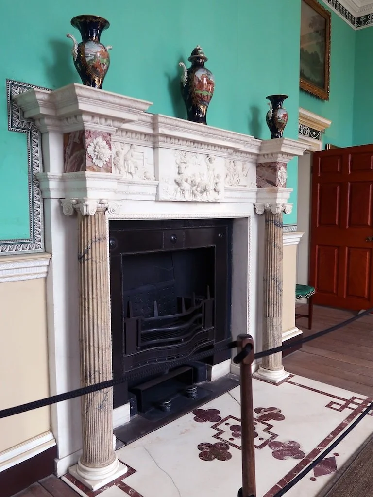 New Room: The Adam-style marble mantlepiece was presented in 1784 to George Washington by friend and advisor Samuel Vaughan and placed prominently in the New Room.