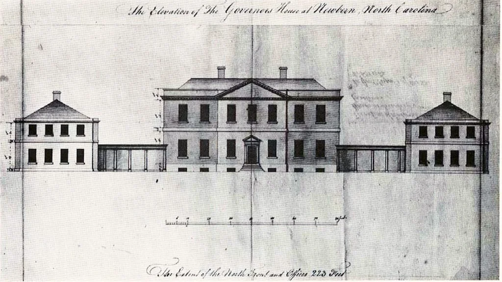 Architect John Hawk's elevation of the Governor's House, New Bern, North Carolina - On January 9, 1767, Hawks and Governor William Tryon signed a contract. When an intense hurricane struck New Bern in September 1769, two-thirds of the buildings in th