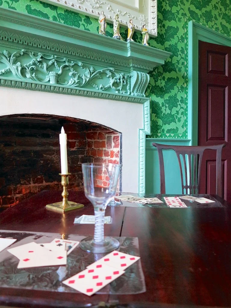 Drawing Room: Kenmore has been restored to its historically accurate prime of 1775. The same turquoise blue trim from the entry and dining room continued into the drawing room, with walls with hand-flocked wallpaper