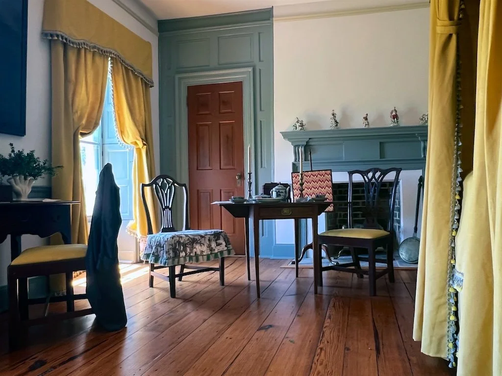 This bedroom at Belair is based on a 1763 probate inventory that faces the garden side and contains writings of Governor Samuel Ogle.