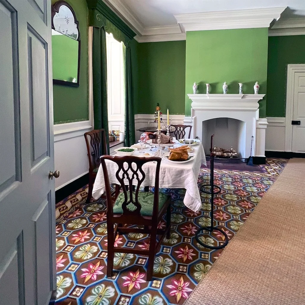 Dining Room: The walls are wallpaper and then painted - a technique that gives a more uniform appearance and clear color.