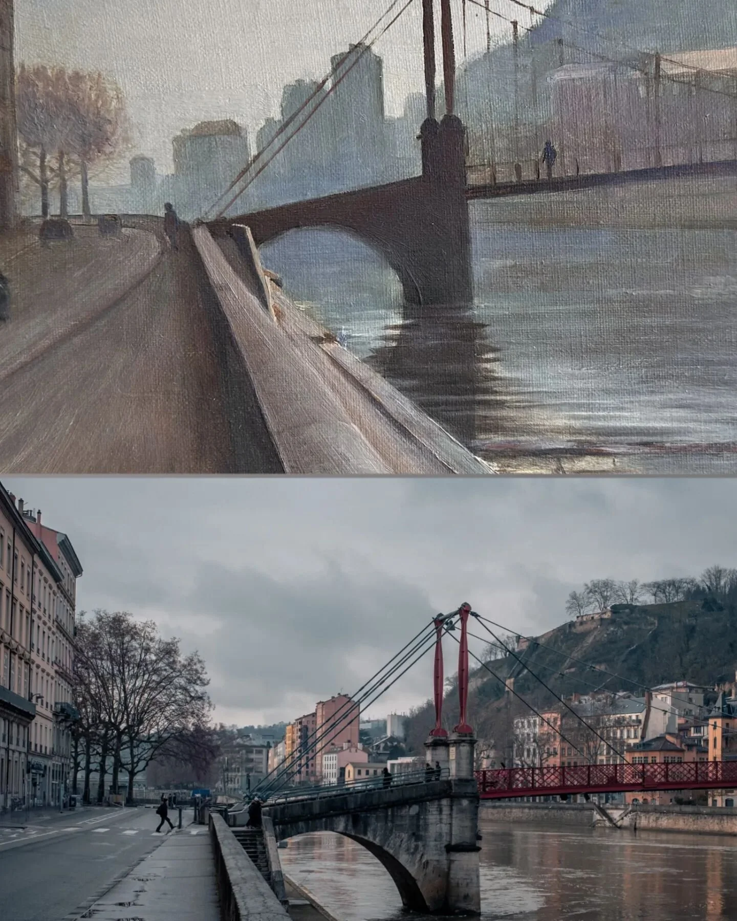 50 ans d'ecart

Peinture de mon grand-pere Emile Farget datant d'y il y a environ 50 ans.
En guise d'hommage j'ai voulu faire une reprise dans mon domaine.
Il manque la brume mais j'essaierai d'en refaire une &agrave; l'occase.

#lyon #france #europe