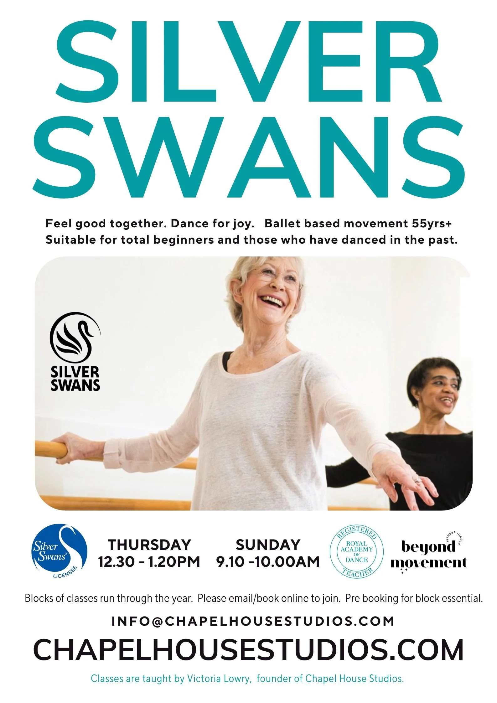 Poster advertising Silver Swans ballet classes for seniors, showing an elderly woman smiling and practicing ballet with another woman in the background, with class times and contact information.