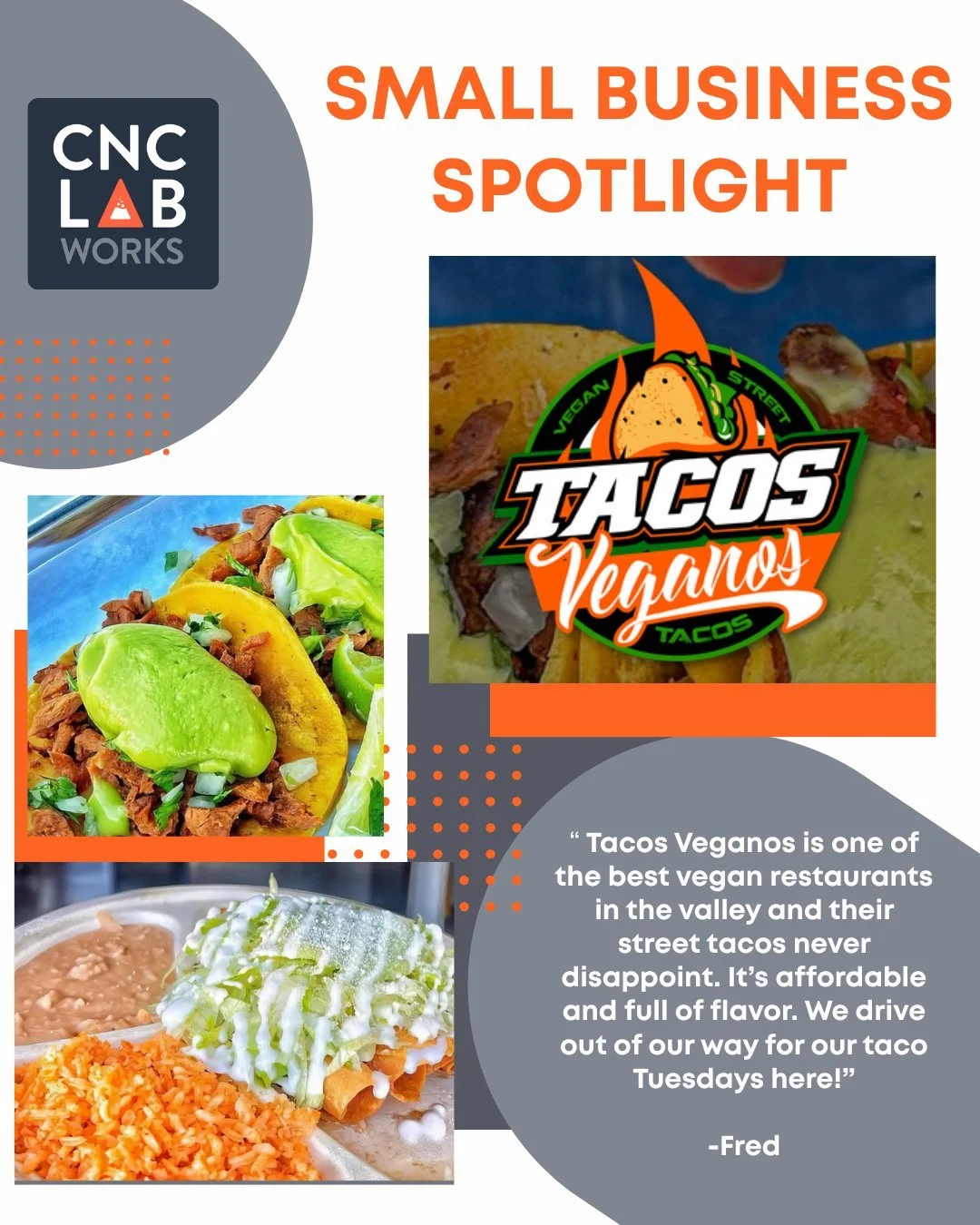 This is a great locally owned taco shop offering an all vegan Mexican menu! We love what they are cooking over there! Worth a stop if your over that way!

https://maps.app.goo.gl/9EPQbBamnGb9yFCB7