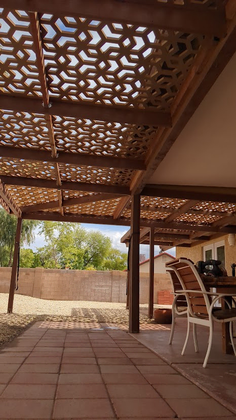 Decorative wood paneling as a patio ceiling