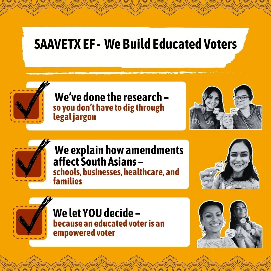 📢 SAAVETX EF builds educated voters.

We know elections can feel overwhelming &mdash; confusing language, complicated ballots, busy schedules. But here&rsquo;s the thing: we&rsquo;ve mad#texaselections 
Click here - https://saavetxeducationfund.org/