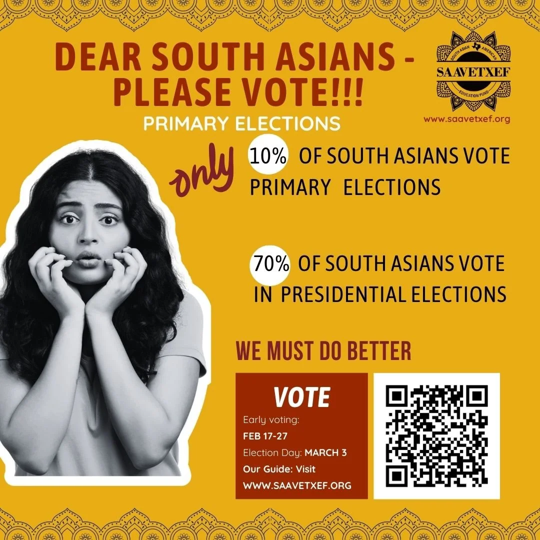🚨 South Asians, It&rsquo;s Time to Show Up. 🚨

Only 10% of South Asians vote in Primary Elections.
But nearly 70% of us vote in Presidential elections.

We show up for the big one.
But the truth is &mdash; Primaries decide who even makes it to Nove