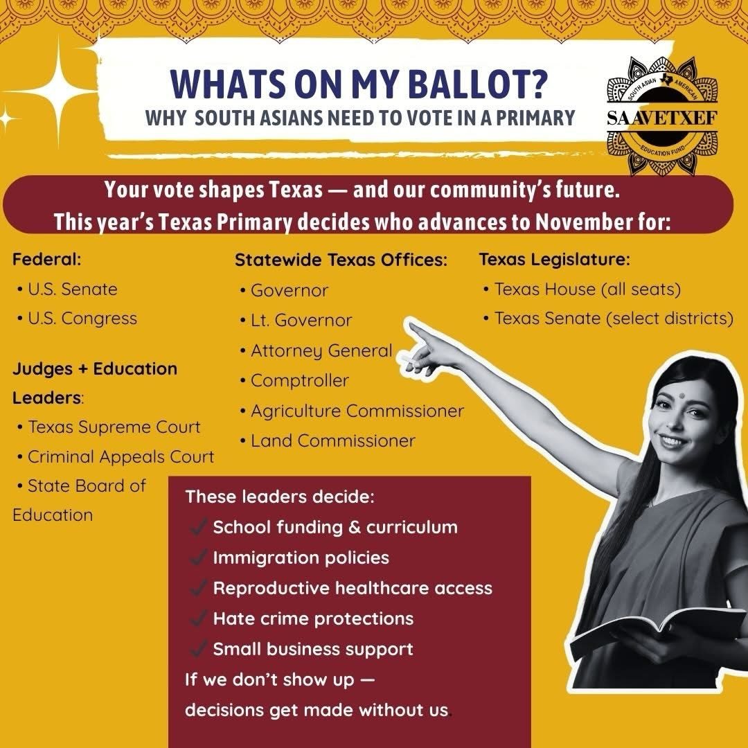 🗳 Offices  South Asian Voters Will Decide who shows up on the November ballot. 

🗳 Early Voting: Feb 17&ndash;27
🗳 Election Day: March 3
Click her Learn more about the elections and what&rsquo;s on the ballot:
👉 https://saavetxeducationfund.org/2